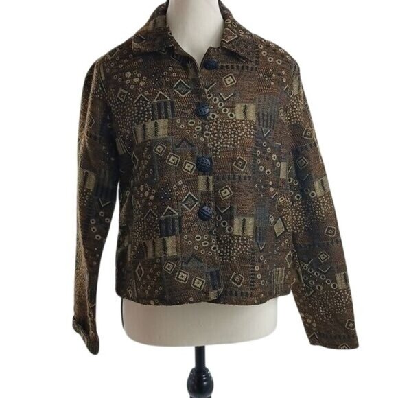 Chicos Womens XS Brown Geometric Button Front Jacket Long Sleeve Textured Blazer - Picture 1 of 9